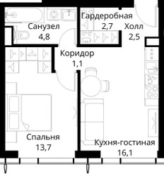 Планировка однокомнатной(квартира) площадью 40.9 квадратных метров в ЖК “ЖК Сити Бэй”