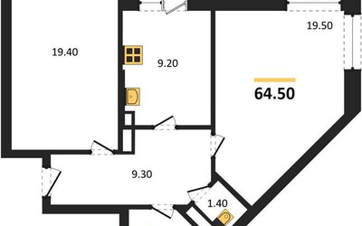 Планировка двухкомнатной(квартира) площадью 64.5 квадратных метров в ЖК “ЖК Три квартала”