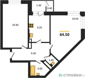 Планировка двухкомнатной(квартира) площадью 64.5 квадратных метров в ЖК “ЖК Три квартала”