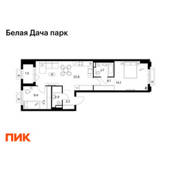 Планировка двухкомнатной(квартира) площадью 61.5 квадратных метров в ЖК “ЖК Белая Дача парк”