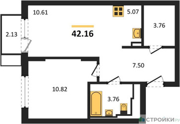 Планировка однокомнатной(квартира) площадью 42.16 квадратных метров в ЖК “ЖК Остафьево”