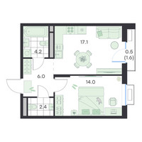 Планировка однокомнатной(квартира) площадью 44.2 квадратных метров в “ЖК G3 Михалевич”