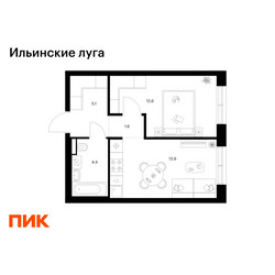 Планировка однокомнатной(квартира) площадью 37.6 квадратных метров в ЖК “ЖК Ильинские луга”