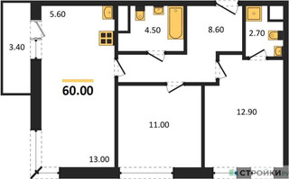 Планировка двухкомнатной(квартира) площадью 60 квадратных метров в “ЖК Родные кварталы”