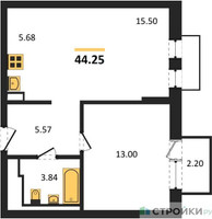Планировка однокомнатной(квартира) площадью 44.25 квадратных метров в “ЖК Рублевский Квартал”