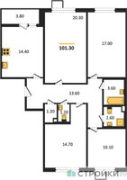 Планировка 4+ комнатной(квартира) площадью 101.3 квадратных метров в “ЖК 1-й Ленинградский (Первый Ленинградский)”