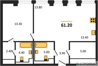 Планировка однокомнатной(квартира) площадью 61.2 квадратных метров в ЖК “ЖК INJOY (Инджой)”