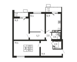 Планировка трехкомнатной(квартира) площадью 89.2 квадратных метров в “ЖК Пироговская Ривьера”