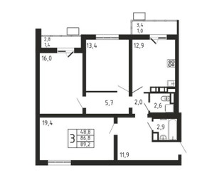 Планировка трехкомнатной(квартира) площадью 89.2 квадратных метров в ЖК “ЖК Пироговская Ривьера”