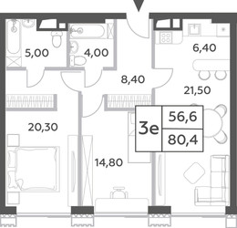 Планировка трехкомнатной(квартира) площадью 80.4 квадратных метров в ЖК “ЖК Will Towers (Вилл Тауэрс)”