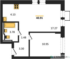 Планировка однокомнатной(квартира) площадью 40.91 квадратных метров в “ЖК Квартал Ивакино”