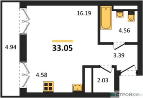 Планировка студии(квартира) площадью 33.05 квадратных метров в “ЖК Одинбург”