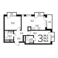Планировка трехкомнатной(квартира) площадью 56.8 квадратных метров в “Новые Ватутинки. Заречный”