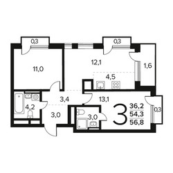Планировка трехкомнатной(квартира) площадью 56.8 квадратных метров в ЖК “Новые Ватутинки. Заречный”