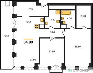 Планировка двухкомнатной(квартира) площадью 84.8 квадратных метров в ЖК “ЖК Emotion (Эмоушен)”