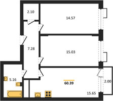 Планировка двухкомнатной(квартира) площадью 60.39 квадратных метров в “ЖК Катуар”