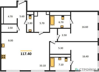 Планировка двухкомнатной(квартира) площадью 119.3 квадратных метров в ЖК “Роскошный квартал Life Time”