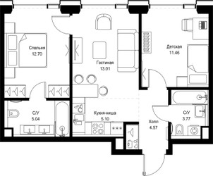 Планировка двухкомнатной(квартира) площадью 55.6 квадратных метров в ЖК “ЖК SET (Сет)”