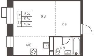 Планировка студии(квартира) площадью 31.6 квадратных метров в “ЖК Новая Ивантеевка”