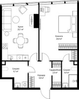 Планировка однокомнатной(квартира) площадью 66.4 квадратных метров в “ЖК ОНЕ”