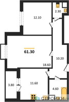 Планировка двухкомнатной(квартира) площадью 61.3 квадратных метров в “ЖК Римский”