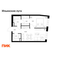 Планировка однокомнатной(квартира) площадью 38.79 квадратных метров в “ЖК Ильинские луга”