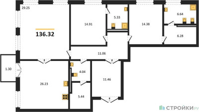 Планировка двухкомнатной(квартира) площадью 136.32 квадратных метров в ЖК “ЖК LUCE (Люче)”