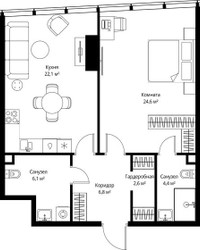 Планировка однокомнатной(квартира) площадью 66.6 квадратных метров в ЖК “ЖК ОНЕ”