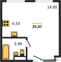 Планировка студии(апартаменты) площадью 25.47 квадратных метров в “ЖК Движение. Говорово”