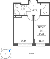 Планировка однокомнатной(апартаменты) площадью 37.36 квадратных метров в “ЖК Волковская 67”