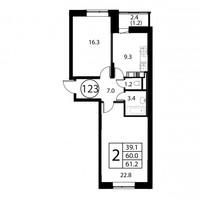 Планировка двухкомнатной(квартира) площадью 61.2 квадратных метров в “ЖК Космос”