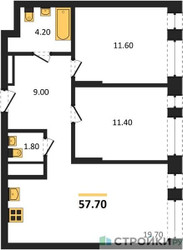 Планировка двухкомнатной(квартира) площадью 57.7 квадратных метров в ЖК “ЖК Первый Московский”