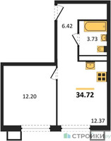 Планировка однокомнатной(квартира) площадью 34.72 квадратных метров в “ЖК Квартал Румянцево (МелиСад)”