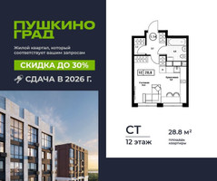Планировка студии(квартира) площадью 28.8 квадратных метров в “ЖК Пушкино Град”