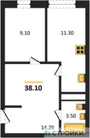Планировка однокомнатной(квартира) площадью 38.1 квадратных метров в “ЖК Южная Долина”