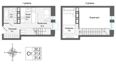 Планировка студии(квартира) площадью 31.4 квадратных метров в ЖК “ЖК КИНОКВАРТАЛ”