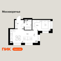 Планировка однокомнатной(квартира) площадью 37.7 квадратных метров в “ЖК Москворечье”