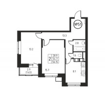 Планировка двухкомнатной(квартира) площадью 56.1 квадратных метров в “ЖК Космос”