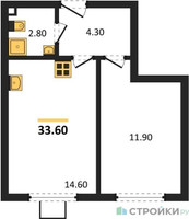 Планировка однокомнатной(квартира) площадью 33.6 квадратных метров в “ЖК Лучи-2”