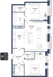 Планировка трехкомнатной(квартира) площадью 77.8 квадратных метров в ЖК “ЖК КИНОКВАРТАЛ”