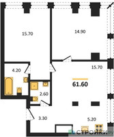 Планировка двухкомнатной(квартира) площадью 61.6 квадратных метров в “ЖК Emotion (Эмоушен)”