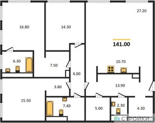 Планировка трехкомнатной(квартира) площадью 143.7 квадратных метров в ЖК “Роскошный квартал Life Time”