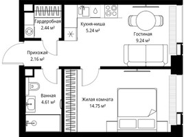 Планировка однокомнатной(квартира) площадью 38.44 квадратных метров в “ЖК Веер”