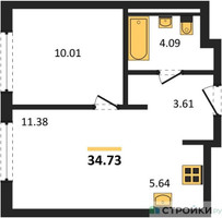 Планировка однокомнатной(квартира) площадью 34.73 квадратных метров в “ЖК Мытищи Парк”