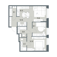 Планировка трехкомнатной(квартира) площадью 63.4 квадратных метров в “ЖК Станиславский”