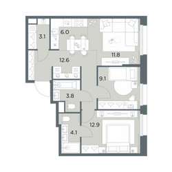 Планировка трехкомнатной(квартира) площадью 63.4 квадратных метров в ЖК “ЖК Станиславский”