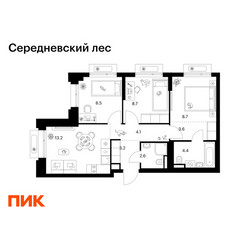 Планировка трехкомнатной(квартира) площадью 57 квадратных метров в ЖК “ЖК Середневский лес”