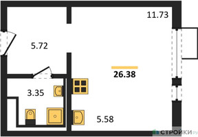 Планировка студии(квартира) площадью 26.38 квадратных метров в “ЖК Горки Парк”
