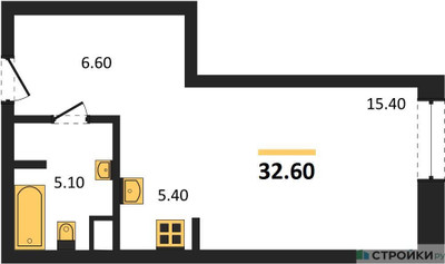 Планировка студии(квартира) площадью 32.6 квадратных метров в ЖК “ЖК STONE Rise (Райз)”