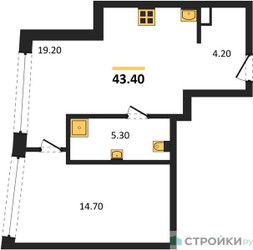 Планировка однокомнатной(квартира) площадью 43.4 квадратных метров в ЖК “ЖК Остров”